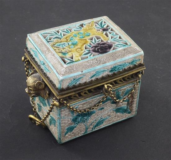 A Chinese glazed biscuit porcelain and gilt metal mounted incense burner and cover, 19th century, 10.5cm, base drilled